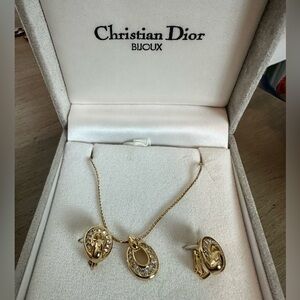 Vintage Christian Dior Rhinestone and 18k Gold Plated Necklace and Earring Set